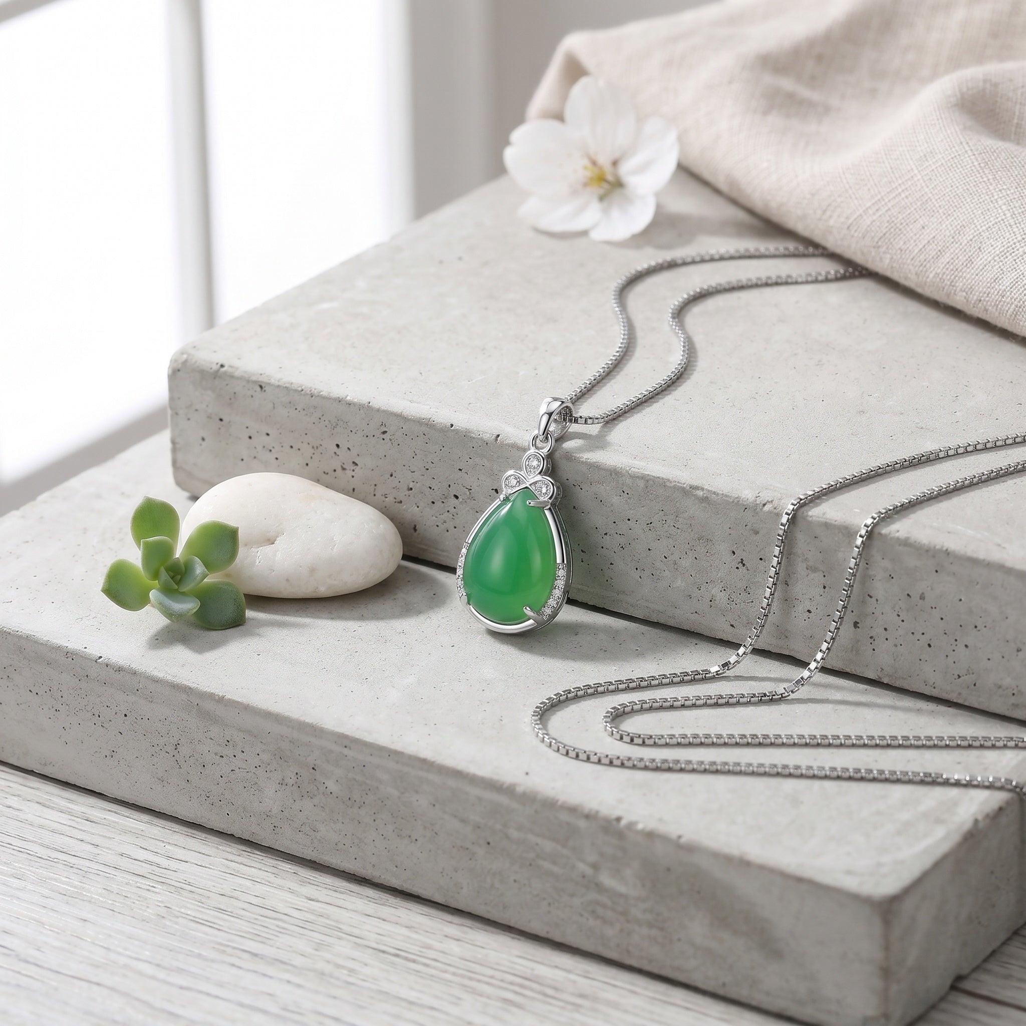 Green Teardrop Pendant Necklace with Sparkling Silver-Tone Halo