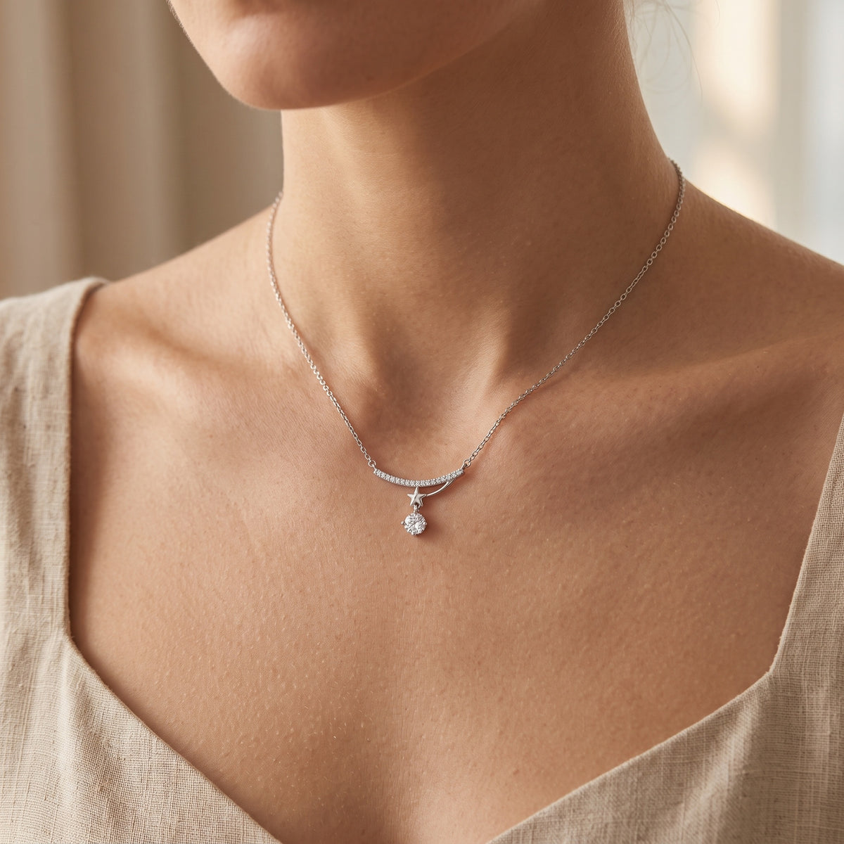 Sterling Silver Starry Sky Meteor Moissanite Necklace – Pave Curve Pendant