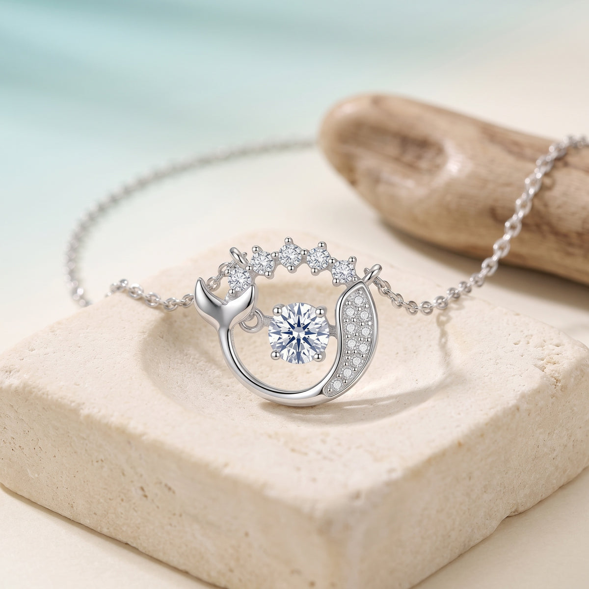 Sterling Silver Mermaid Tail Moissanite Pendant Necklace