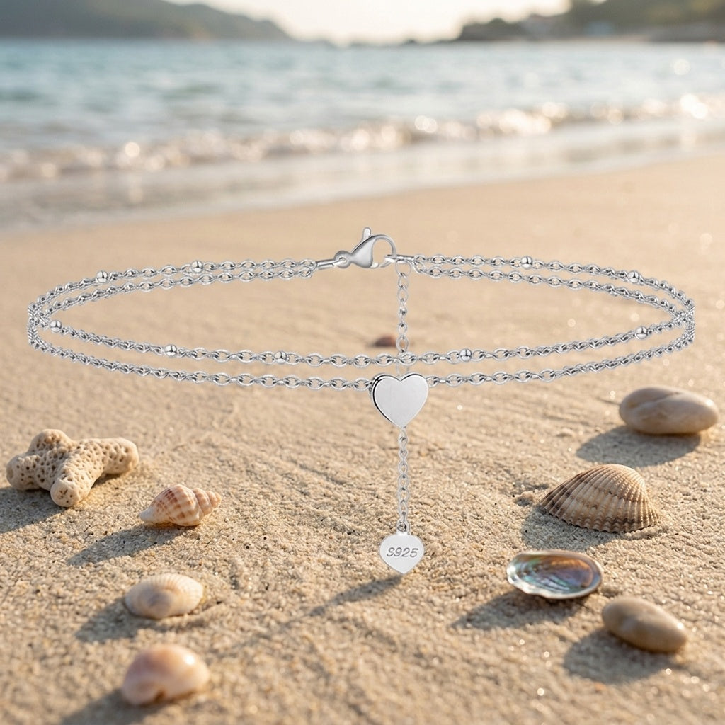 Sterling Silver Double Layer Heart Beaded Anklet