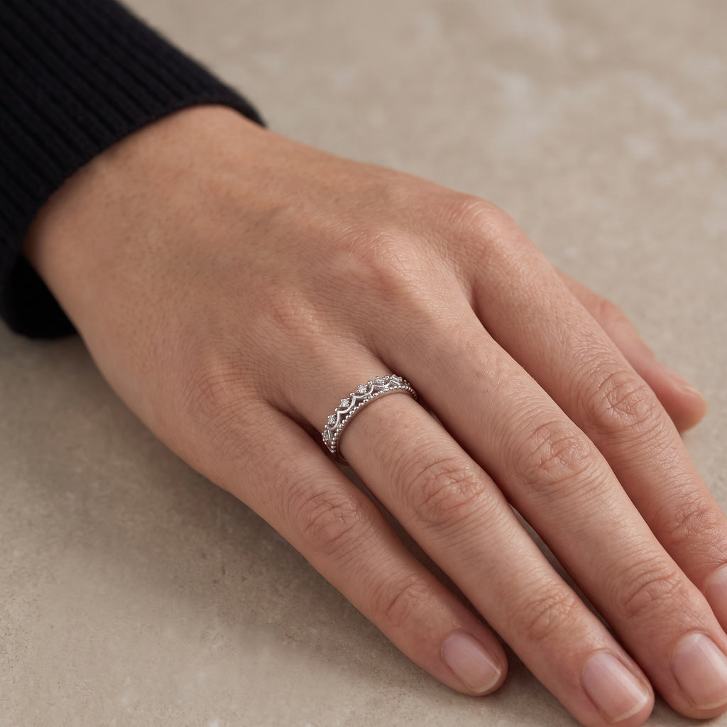 Sterling Silver Adjustable Scalloped Wave Cubic Zirconia Ring