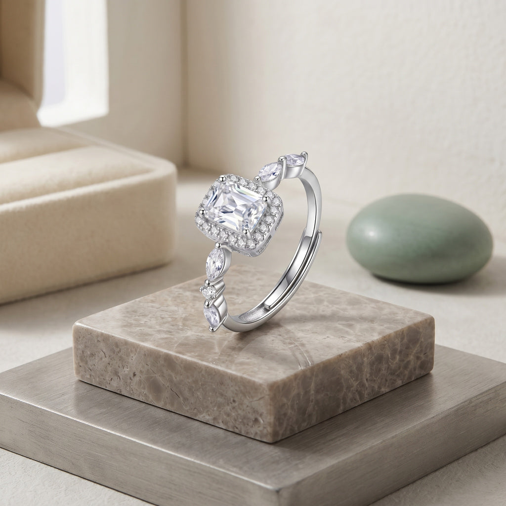Sterling Silver Adjustable Emerald-Cut Cubic Zirconia Halo Ring