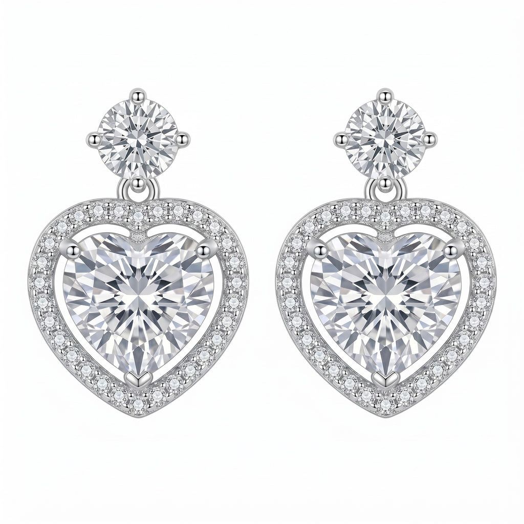 Sterling Silver Moissanite Heart Drop Earrings – Halo Love Design