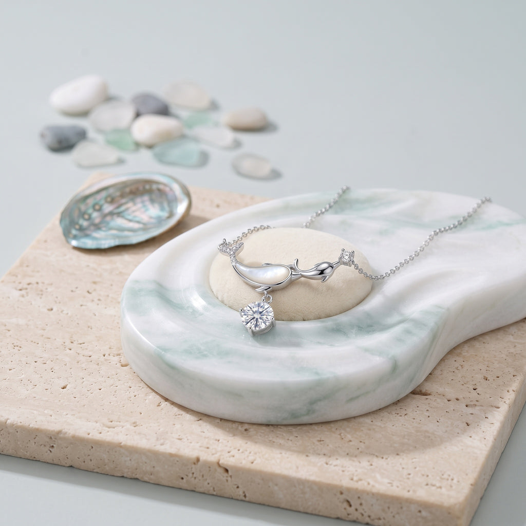 Sterling Silver Dolphin Mother of Pearl Moissanite Pendant Necklace