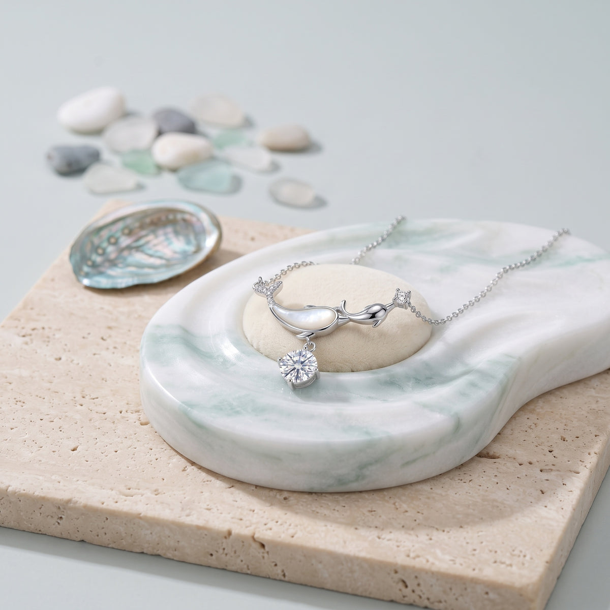Sterling Silver Dolphin Mother of Pearl Moissanite Pendant Necklace