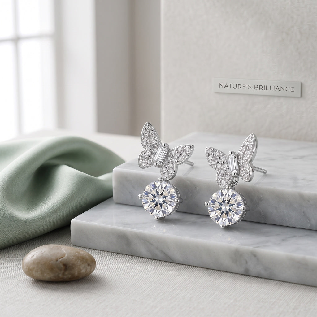 Sterling Silver Butterfly Moissanite Drop Earrings