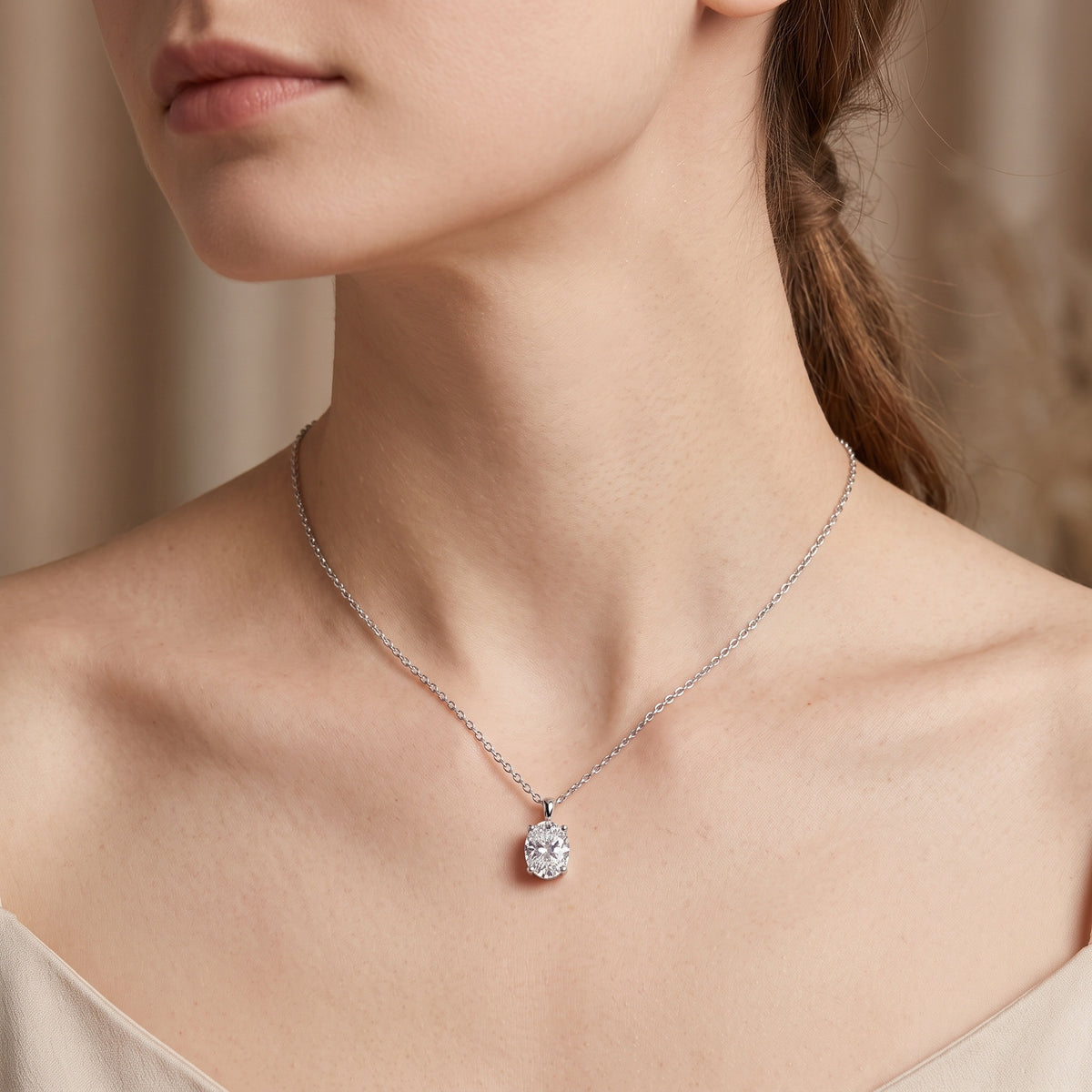 Sterling Silver Oval Moissanite Solitaire Pendant Necklace