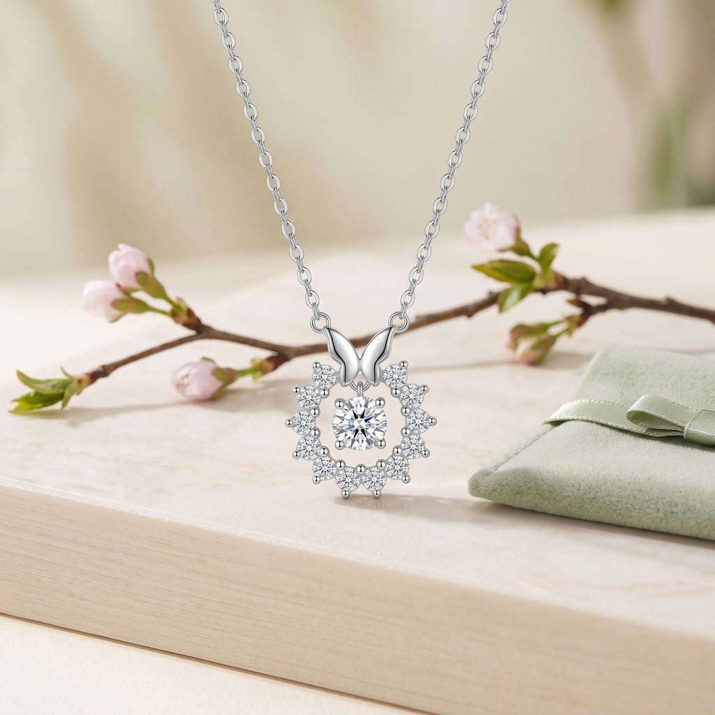 Sterling Silver Butterfly Moissanite Halo Pendant Necklace