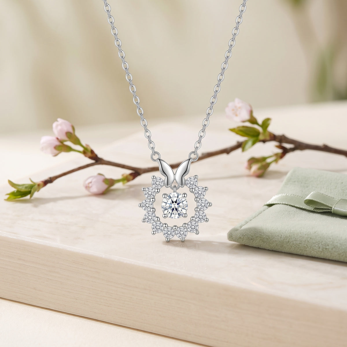 Sterling Silver Butterfly Moissanite Halo Pendant Necklace