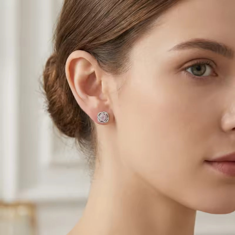 Sterling Silver Pink Gemstone Floral Stud Earrings – Pavé Rose Design
