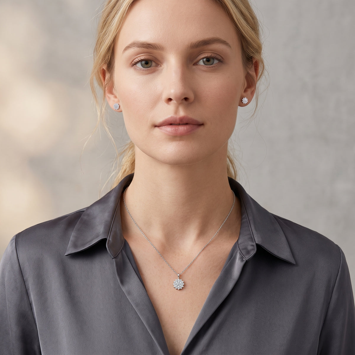 Sterling Silver Moissanite Halo Necklace and Earring Set