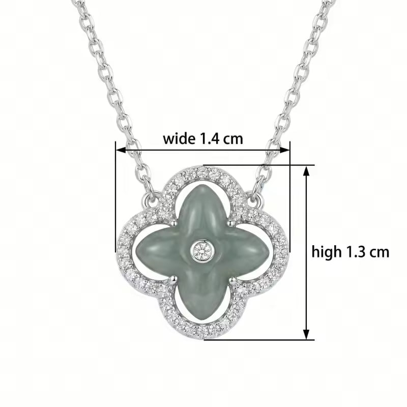 Green Jade and CZ Four-Leaf Clover Pendant Necklace