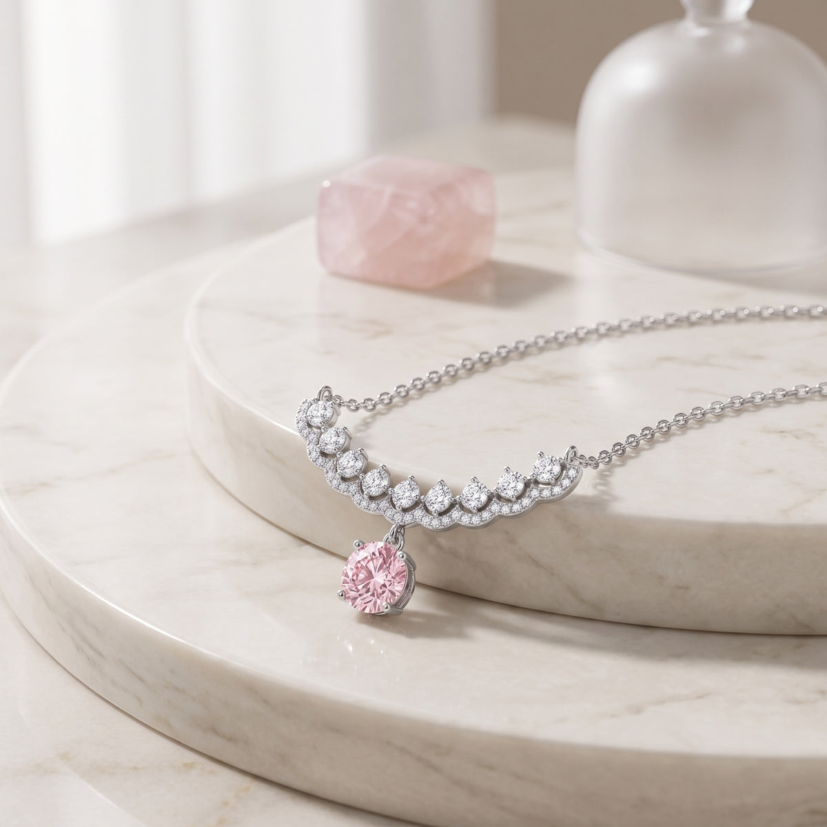 Sterling Silver Pink Moissanite Curved Pendant Necklace – Pave Collar Design