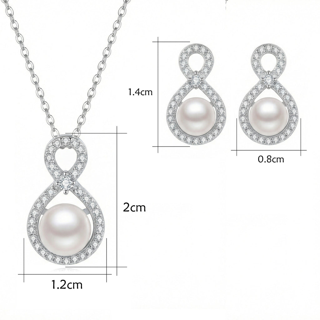 Sterling Silver Infinity Pearl Necklace and Earrings Set – Cubic Zirconia