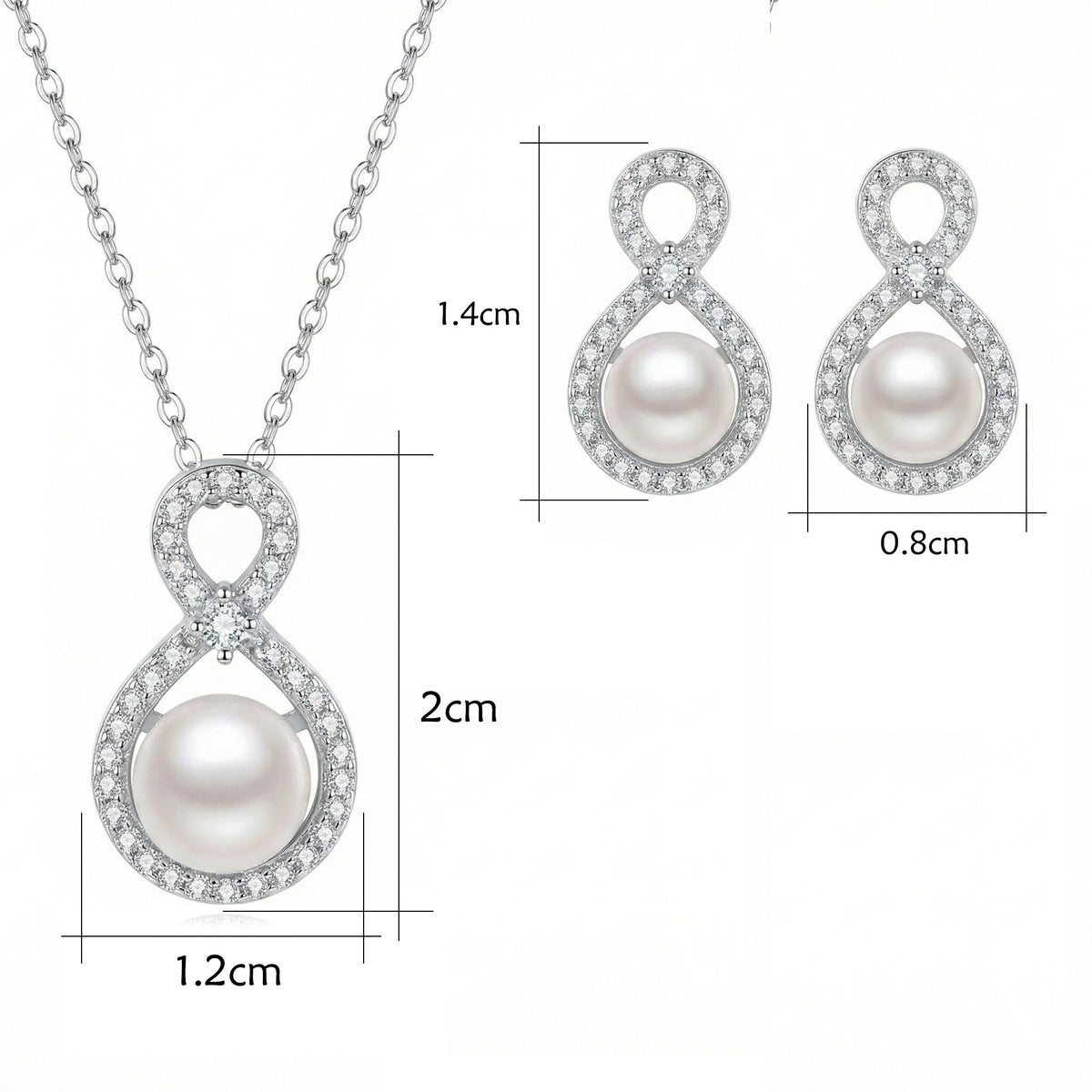 Sterling Silver Infinity Pearl Necklace and Earrings Set – Cubic Zirconia