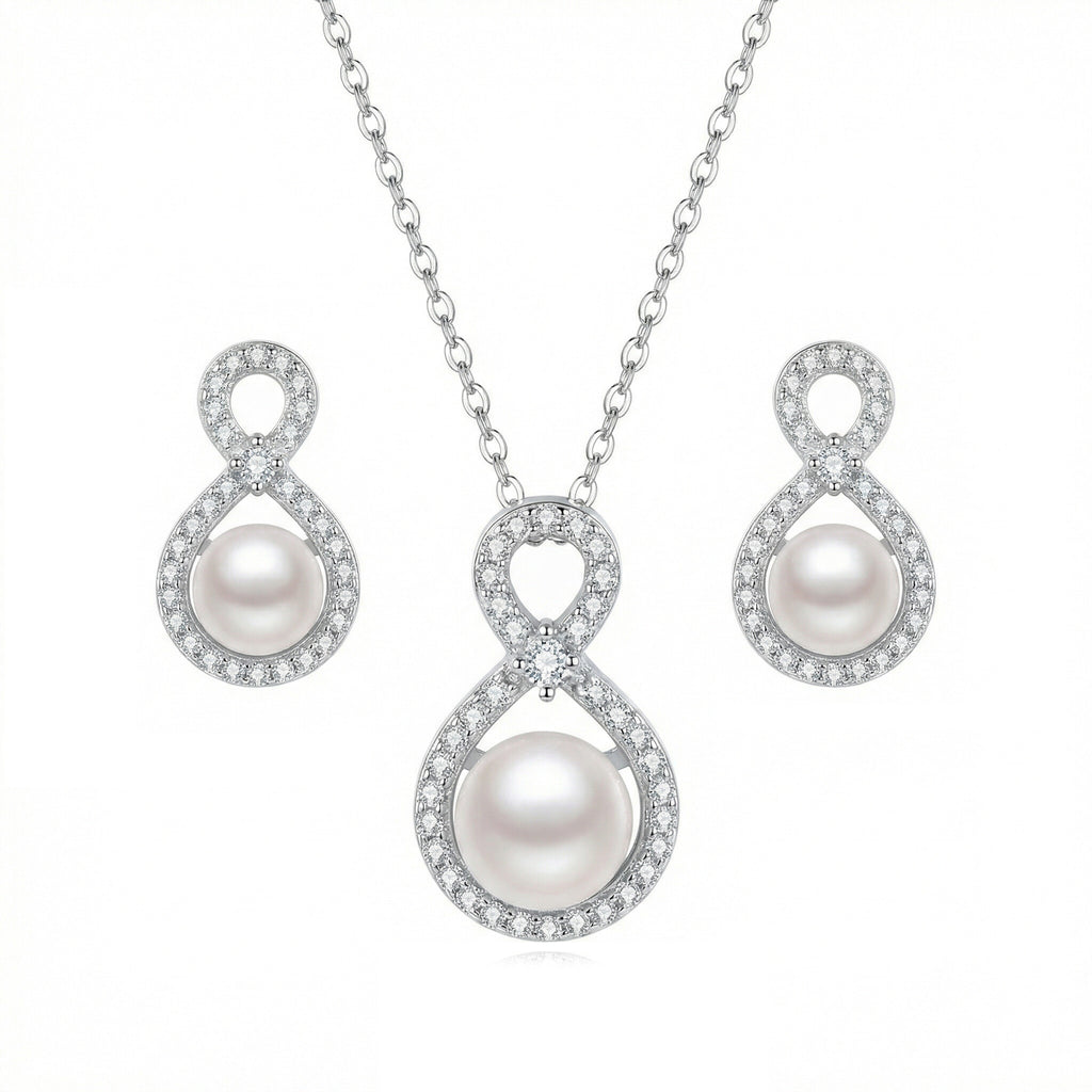 Sterling Silver Infinity Pearl Necklace and Earrings Set – Cubic Zirconia