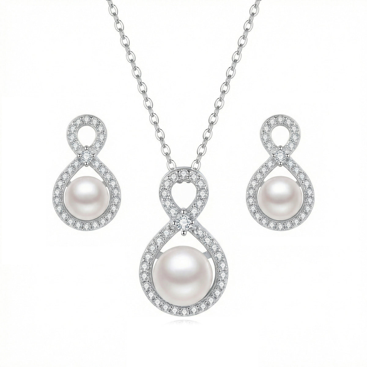 Sterling Silver Infinity Pearl Necklace and Earrings Set – Cubic Zirconia