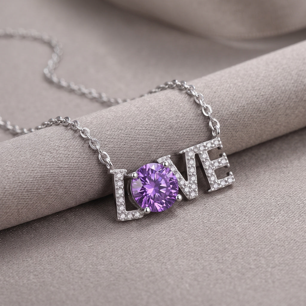 Sterling Silver Purple Moissanite LOVE Necklace