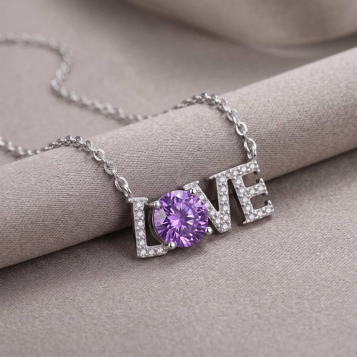 Sterling Silver Purple Moissanite LOVE Necklace