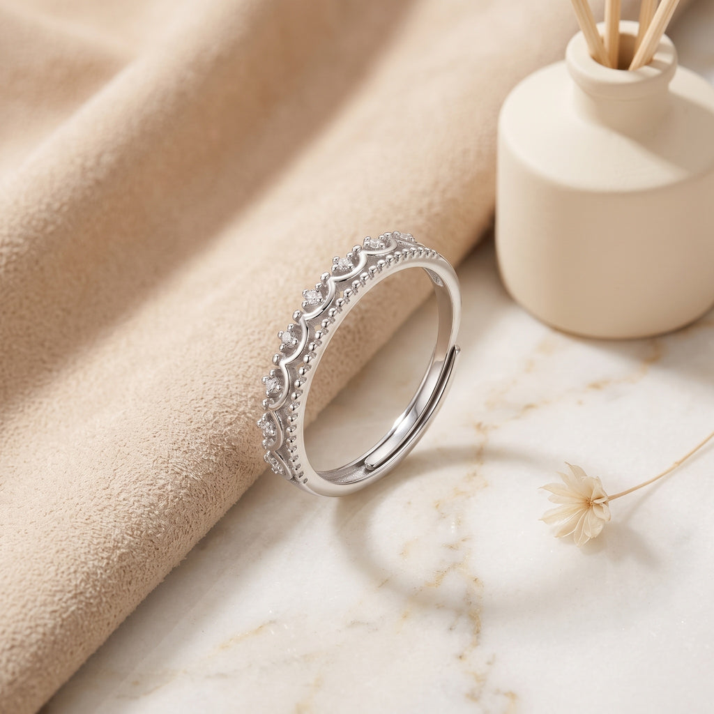 Sterling Silver Adjustable Scalloped Wave Cubic Zirconia Ring