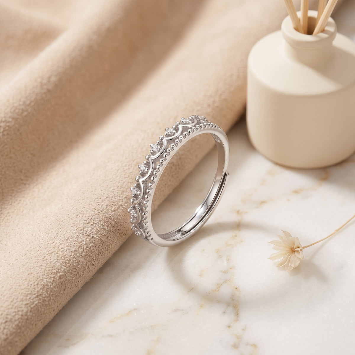 Sterling Silver Adjustable Scalloped Wave Cubic Zirconia Ring