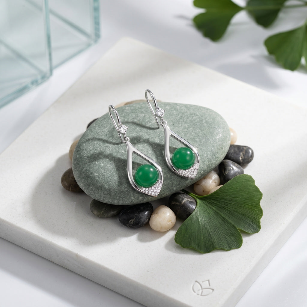 Elegant Green Chalcedony Teardrop Earrings