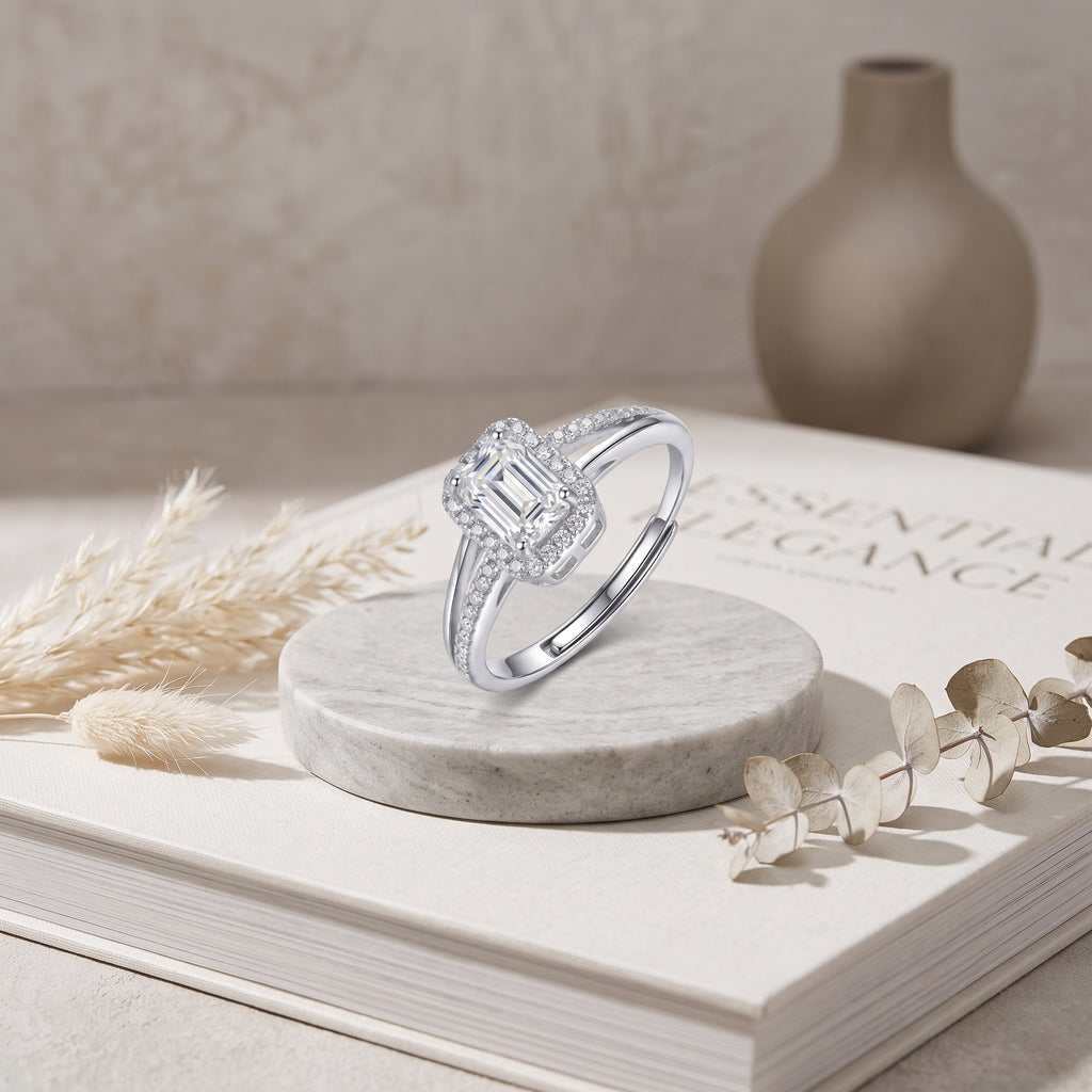 Sterling Silver Adjustable Emerald-Cut Moissanite Halo Ring
