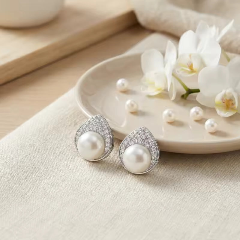 Sterling Silver Pearl Teardrop Stud Earrings