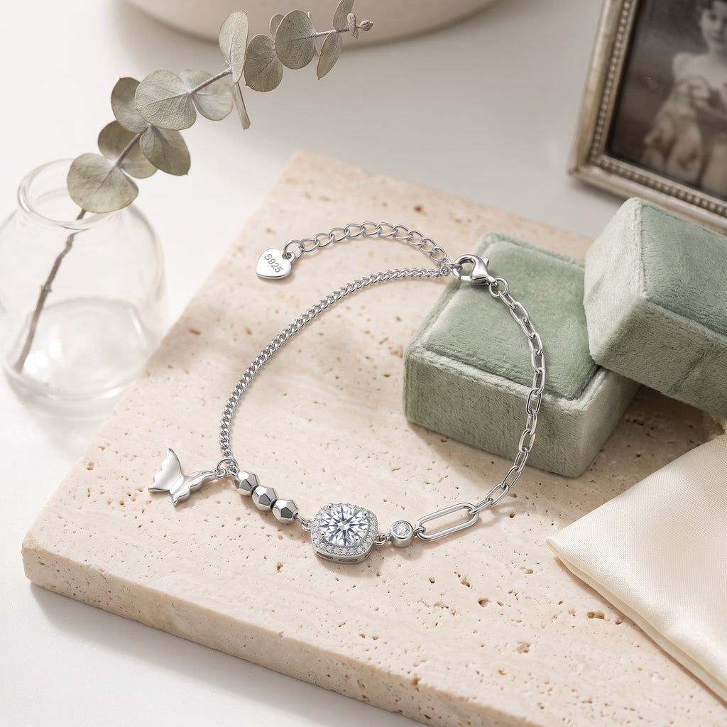 Sterling Silver Butterfly Moissanite Halo Mixed Chain Bracelet