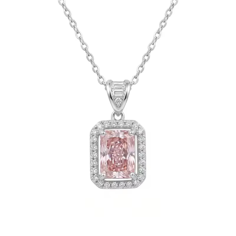 Sterling Silver Pink Radiant-Cut Gemstone Pendant Necklace – Halo Design