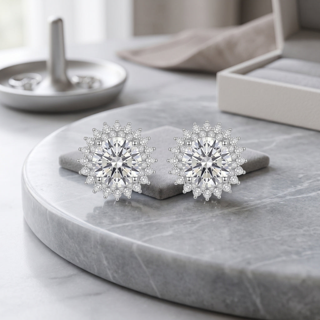 Sterling Silver Snowflake Moissanite Halo Stud Earrings