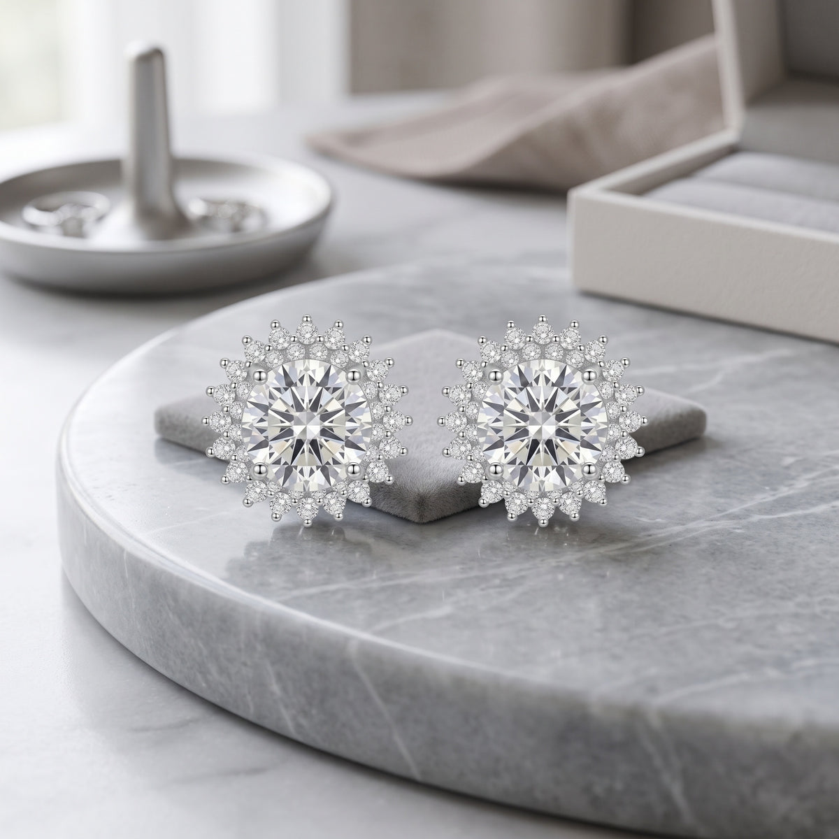 Sterling Silver Snowflake Moissanite Halo Stud Earrings