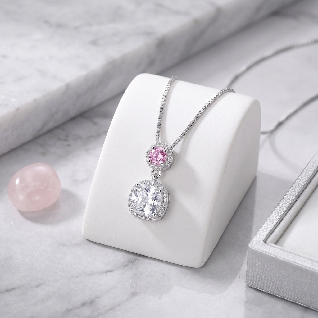 Sterling Silver Pink and Cushion-Cut Moissanite Halo Pendant Necklace
