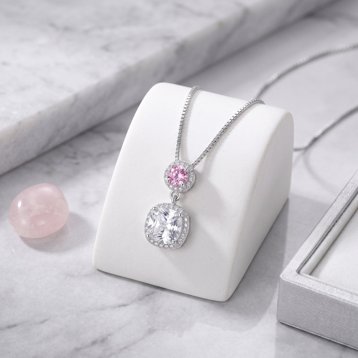 Sterling Silver Pink and Cushion-Cut Moissanite Halo Pendant Necklace