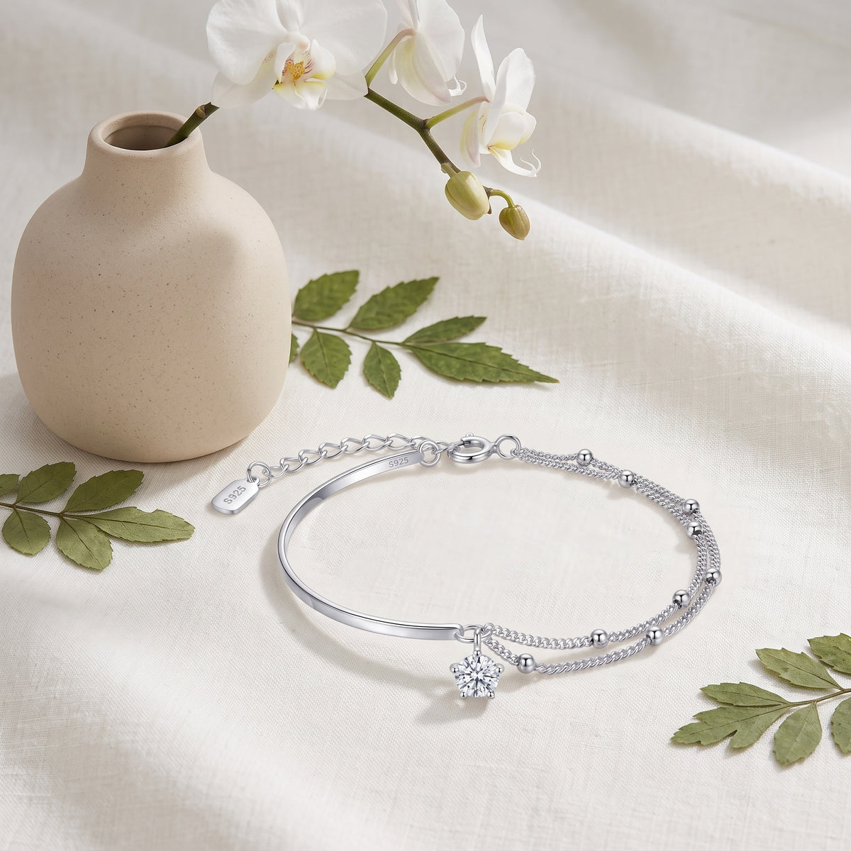Sterling Silver Double Layer Beaded Chain Cubic Zirconia Bracelet