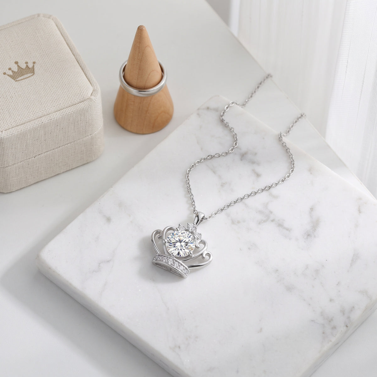 Sterling Silver Moissanite Crown Pendant Necklace