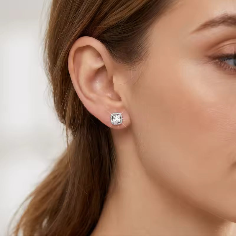 Sterling Silver Cushion-Cut Cubic Zirconia Halo Stud Earrings