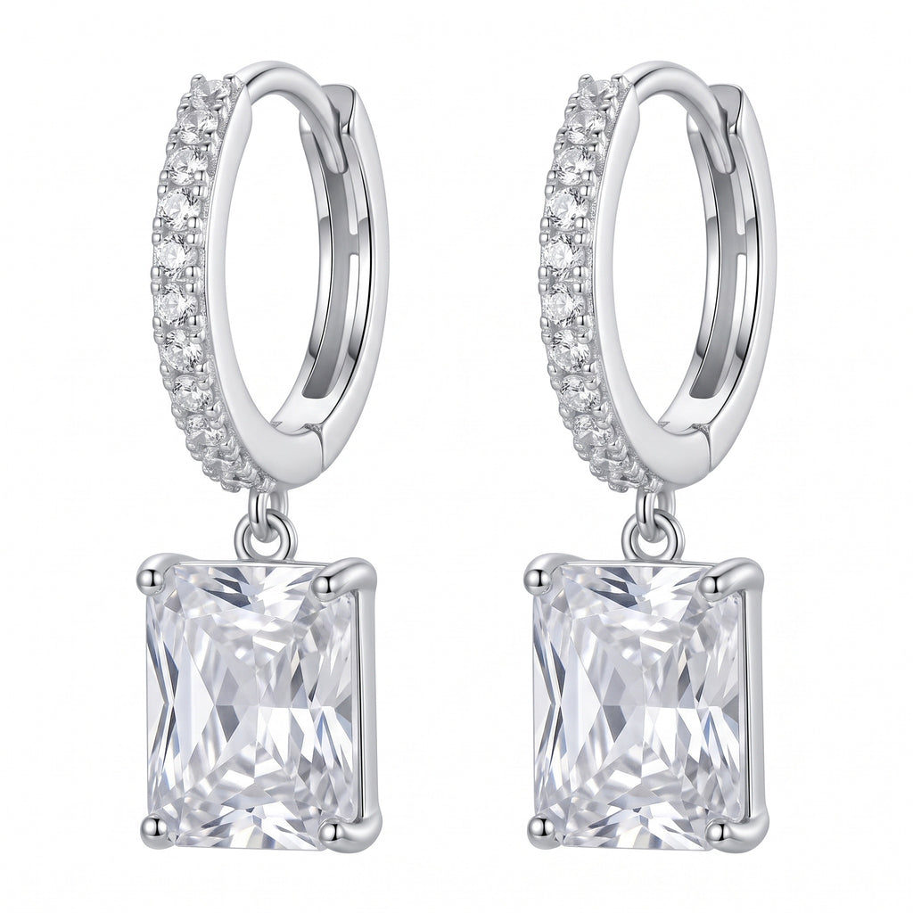 Sterling Silver Emerald-Cut Cubic Zirconia Drop Huggie Earrings