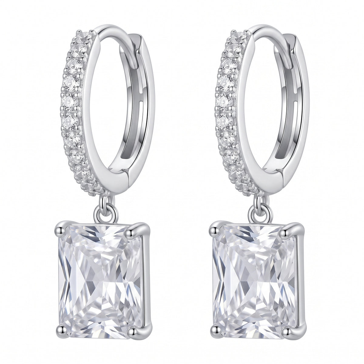 Sterling Silver Emerald-Cut Cubic Zirconia Drop Huggie Earrings