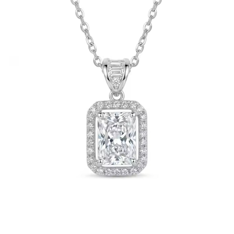 Sterling Silver Emerald-Cut Cubic Zirconia Halo Pendant Necklace