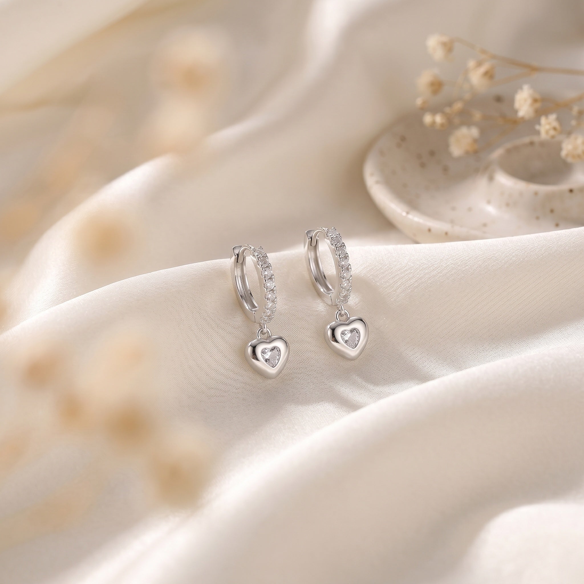 Elegant Hoop Earring with CZ-Encrusted Heart Pendant