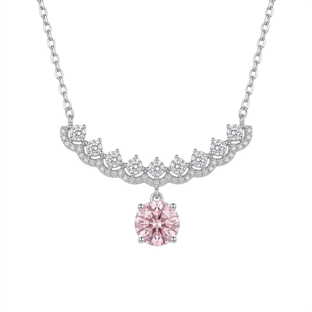 Sterling Silver Pink Moissanite Curved Pendant Necklace – Pave Collar Design
