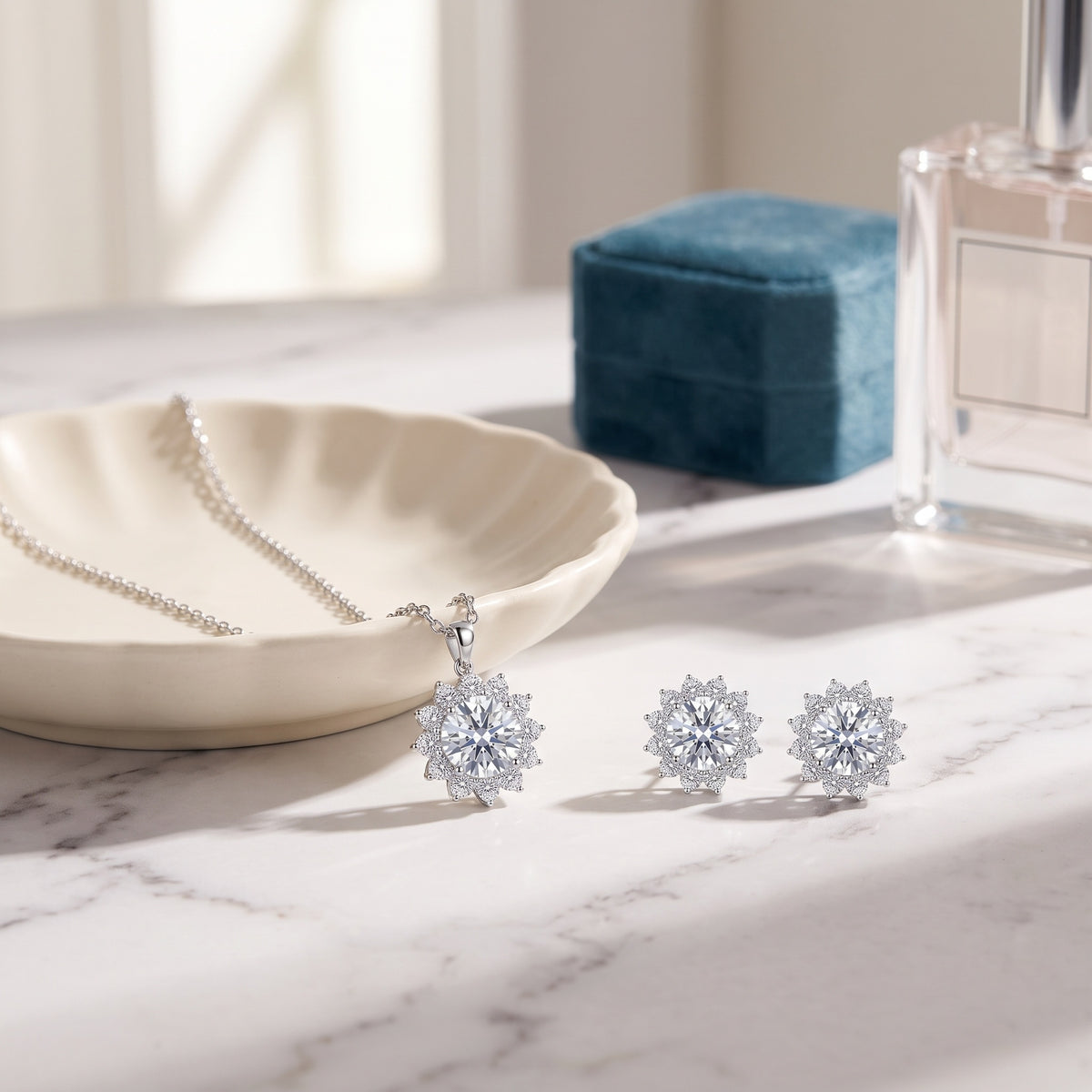 Sterling Silver Moissanite Halo Necklace and Earring Set
