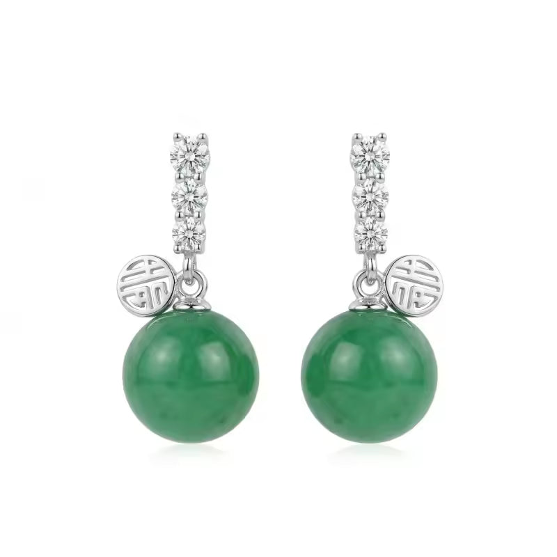 Elegant Green Jade Drop Earrings with Fortune Charms