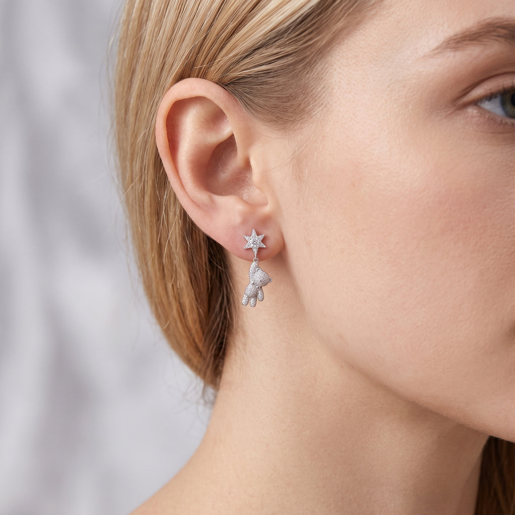 Sterling Silver Star and Teddy Bear Drop Earrings