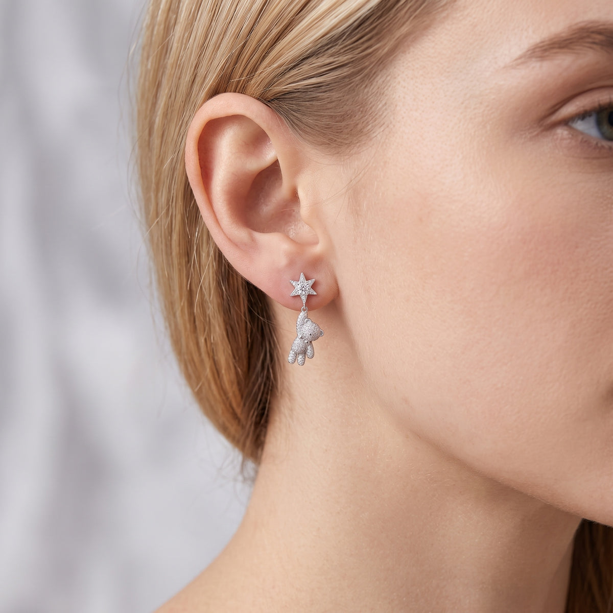 Sterling Silver Star and Teddy Bear Drop Earrings