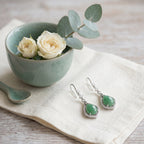 Green Jade Teardrop Drop Earrings with Filigree Detail – Silver-Tone Hook Earrings