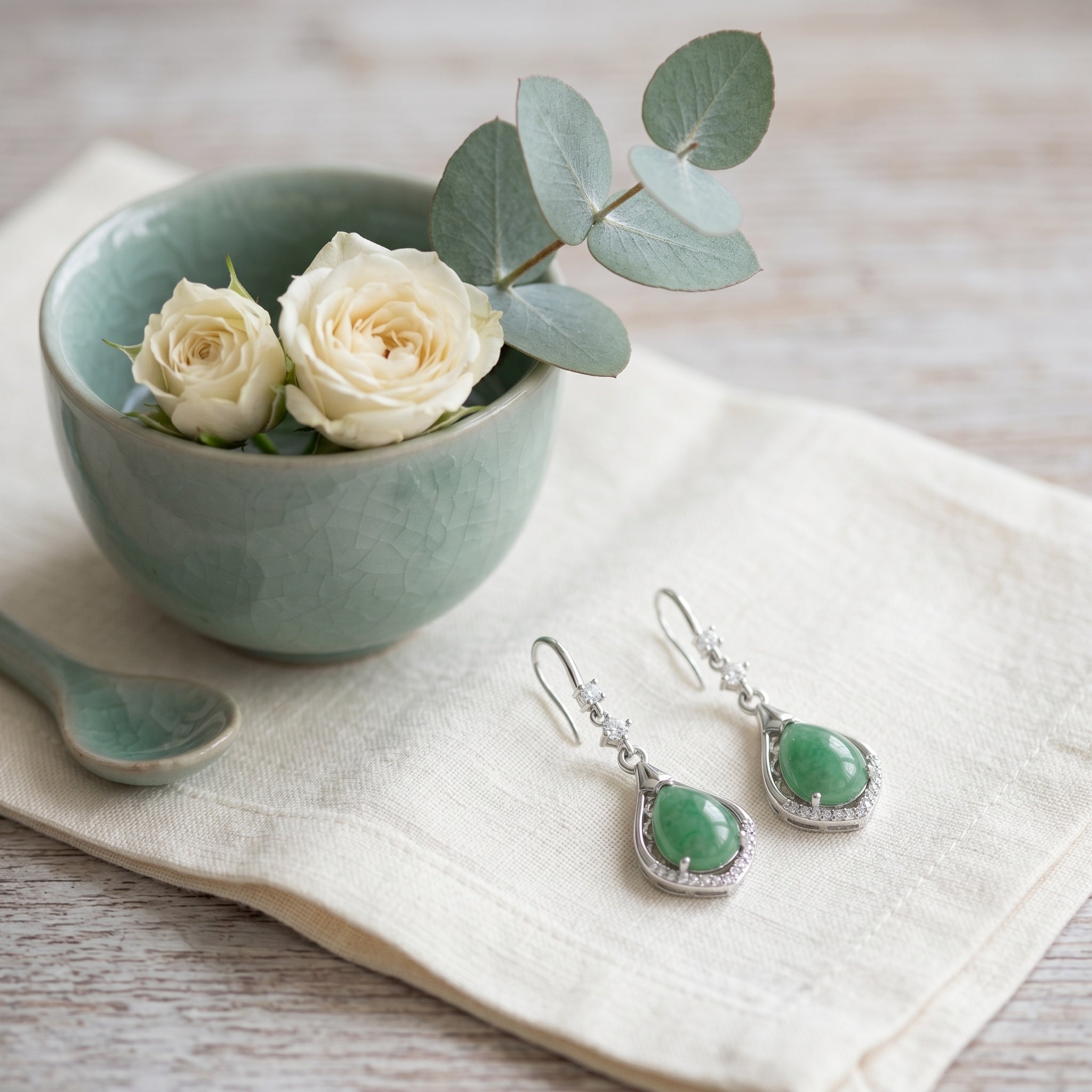 Green Jade Teardrop Drop Earrings with Filigree Detail – Silver-Tone Hook Earrings