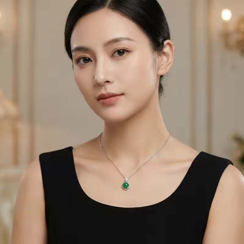 Elegant Green Jade and CZ Quatrefoil Pendant Necklace