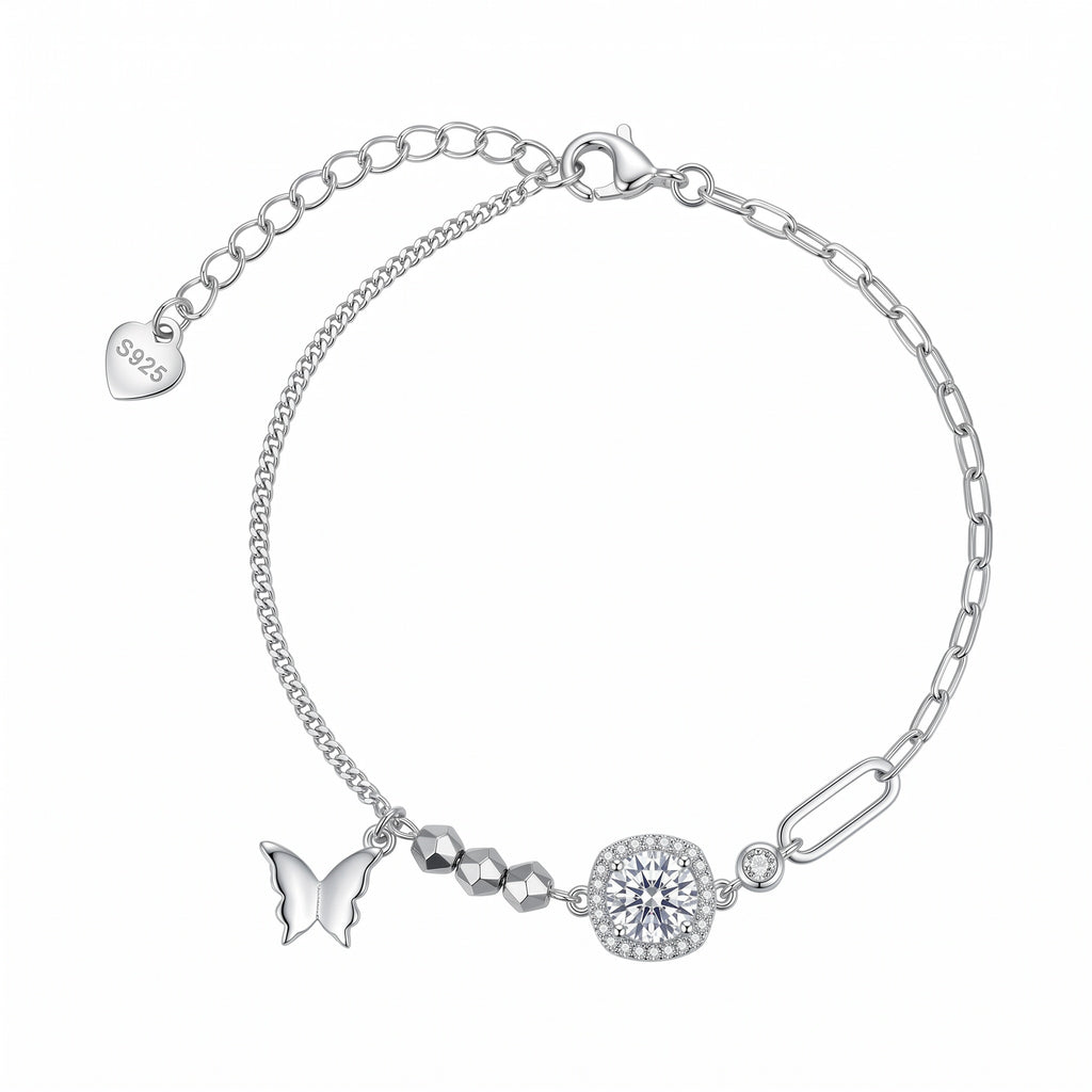 Sterling Silver Butterfly Moissanite Halo Mixed Chain Bracelet